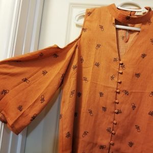 Orange Cactus Cold-Shoulder Keyhole Neck Top SZ M